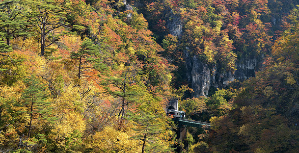 艾森缆车那鲁科峡谷山谷与火车铁路隧道宫城县东北日本全景背景