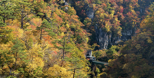 那鲁科峡谷山谷与火车铁路隧道宫城县东北日本全景高清图片