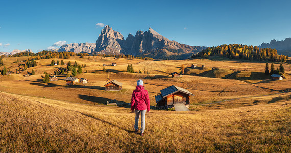 山上的轻女人秋天的日落时看着草地山脉阿尔佩迪西斯,白云石,意大利风景与女孩穿着红色夹克,田野与黄草,木屋岩石背景图片