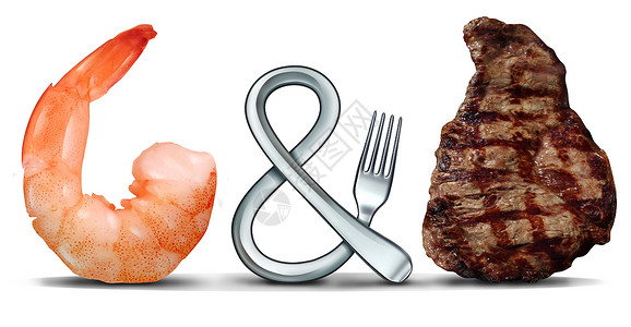 叉子元素冲浪草皮海鲜牛排食品的,个叉子形状的象征,白色背景与3D插图元素背景