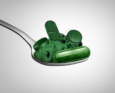 螺旋藻补充符号健康营养营养抗氧化食品图标,蓝色绿藻的药丸粉末形式与三维插图元素背景图片