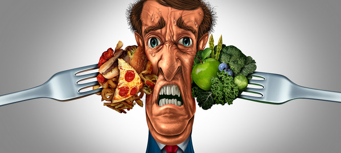 卡通水果插图饮食选择压力营养选择个压力的人受健康的蔬菜水果与高胆固醇油腻的快餐与3D插图元素的压力背景
