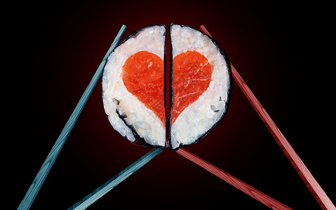浪漫晚餐情人节午餐为两人瓦伦廷庆祝爱与食物,筷子,夫妇,寿司形状为个心脏符号与3D插图元素背景图片