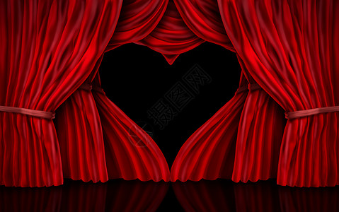 情人节红色天鹅绒窗帘个浪漫的舞台与窗帘形状为心脏三维插图背景图片