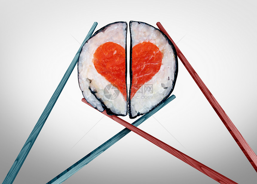 情人节晚餐为两人徒情人节庆祝爱与食物,筷子,结合,浪漫的夫妇,寿司形状为个心脏符号与3D插图元素图片