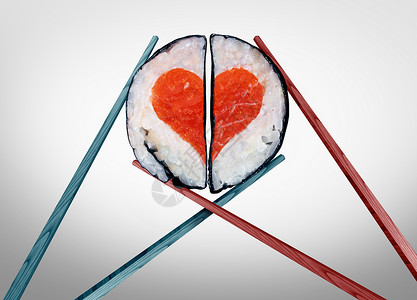 情人节晚餐为两人徒情人节庆祝爱与食物,筷子,结合,浪漫的夫妇,寿司形状为个心脏符号与3D插图元素背景图片