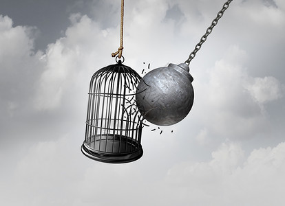 打开的鸟笼自由笼子打破自由的,个破坏球,解放鸟笼,打破监狱,个抽象的想法,逃避成瘾拘留希望,个三维插图背景