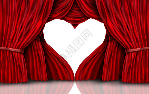 情人节红色天鹅绒窗帘白色个浪漫的舞台与窗帘形状为心脏三维插图背景图片