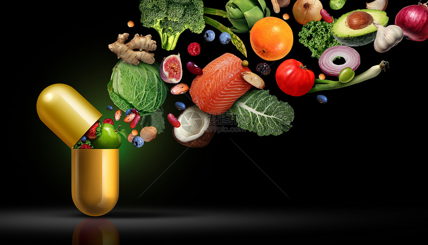 维生素补充营养种胶囊与水果,蔬菜,坚果豆类营养丸种天然的药物健康治疗与三维插图元素图片