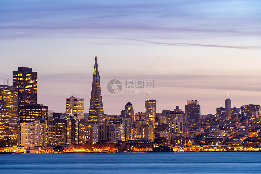 旧金山市中心天际线黄昏宝岛,加利福尼亚,日落,美国图片