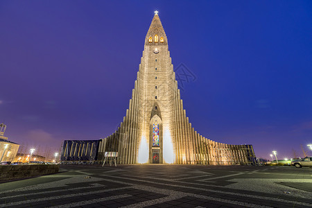 霍尔格里姆斯克贾大教堂雷克雅未克冰岛日落黄昏高清图片