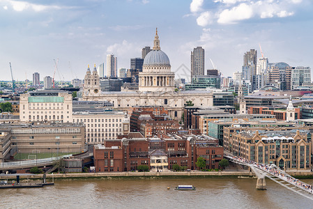 英国伦敦保罗大教堂与伦敦千禧桥的鸟瞰图背景