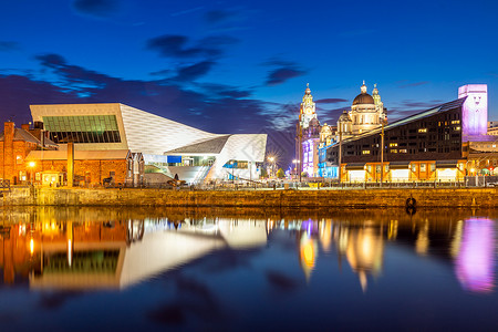 利物浦天际线建筑码头阿尔伯码头日落黄昏,利物浦英国高清图片