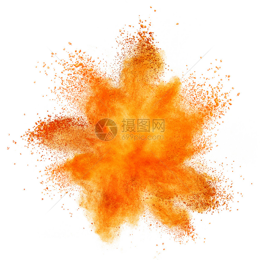 橙色粉末爆炸隔离白色背景上图片