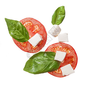 红色西红柿,马苏里拉罗勒等贴白帽上,传统的意大利成分,顶部视图图片