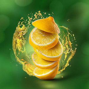 柠檬片空气中飞舞,果汁溅绿色的背景上图片