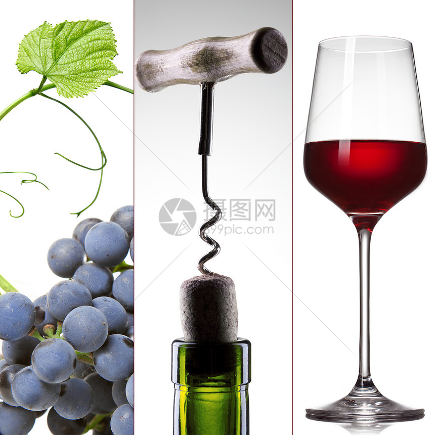 葡萄酒拼贴葡萄,瓶塞酒杯图片