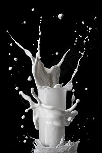 牛奶溅璃上隔离黑色背景上图片