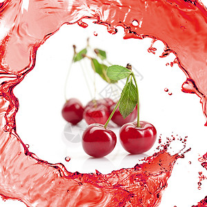 红色樱桃,叶子果汁分离白色图片