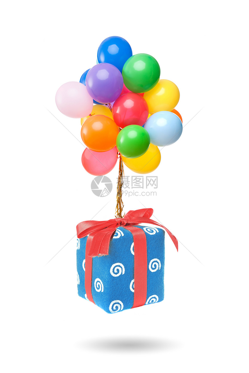 彩色气球与礼物隔离白色图片