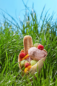 华夫饼果冰淇淋与覆盆子,萨沃亚迪水果的背景绿草特写华夫饼锥水果冰淇淋图片