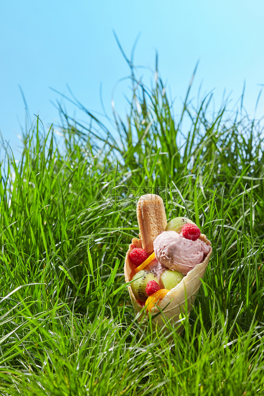 覆盆子冰淇淋与猕猴桃,橙色,浆果饼干华夫饼锥背景下的绿色草华夫饼锥水果冰淇淋图片