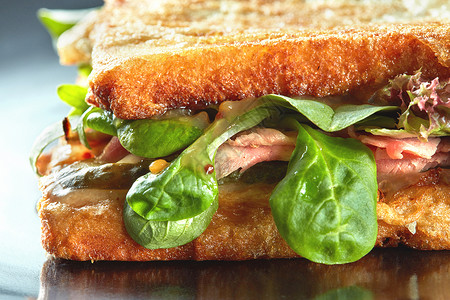 健康三明治与培根,阿鲁古拉早餐观食物新鲜烤帕尼尼三明治图片