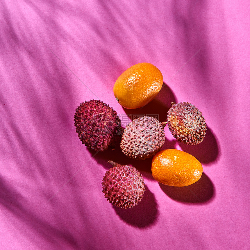 与热带异国水果荔枝金橘成的粉红色背景,阴影来自水果热带棕榈叶,顶部视图荔枝金橘热带水果的顶部视图粉红色背景上,阴影图片