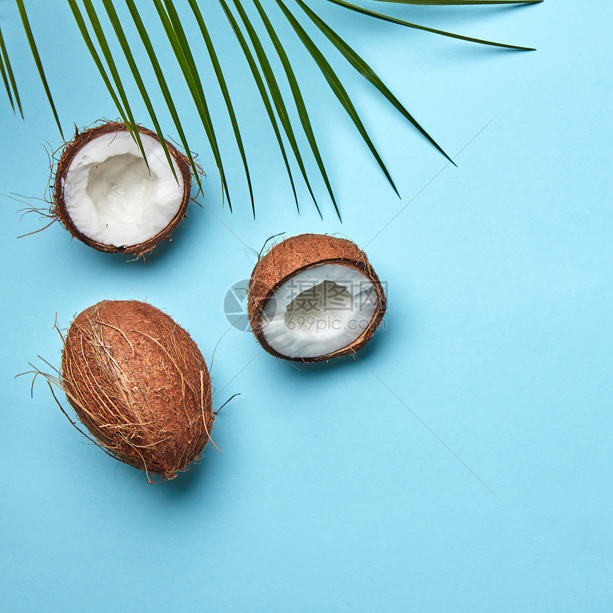 整个半的椰子与棕榈叶个蓝色的背景与文本的副本异国水果平躺蓝色背景上的椰子棕榈绿叶,热带坚图片