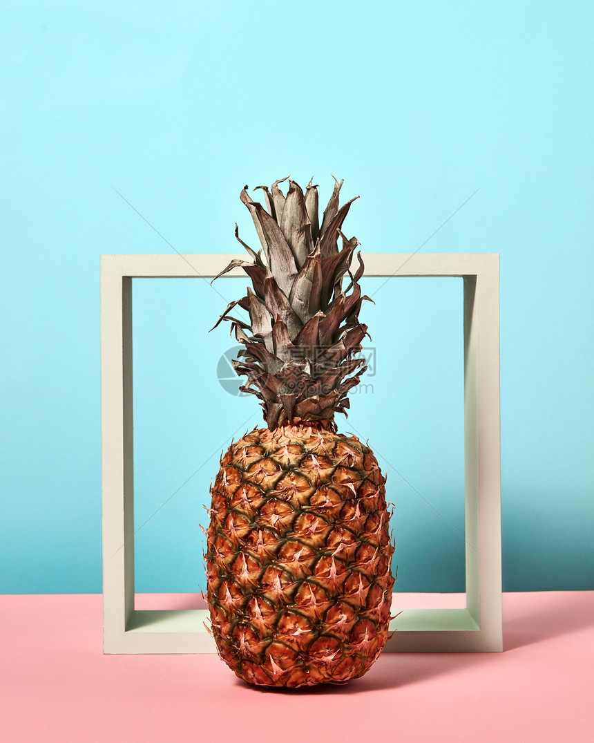 菠萝热带水果单站个白色的方形框架前的双调粉红色蓝色背景天然食物热带异国水果菠萝双粉红色蓝色背景,站个白色的图片
