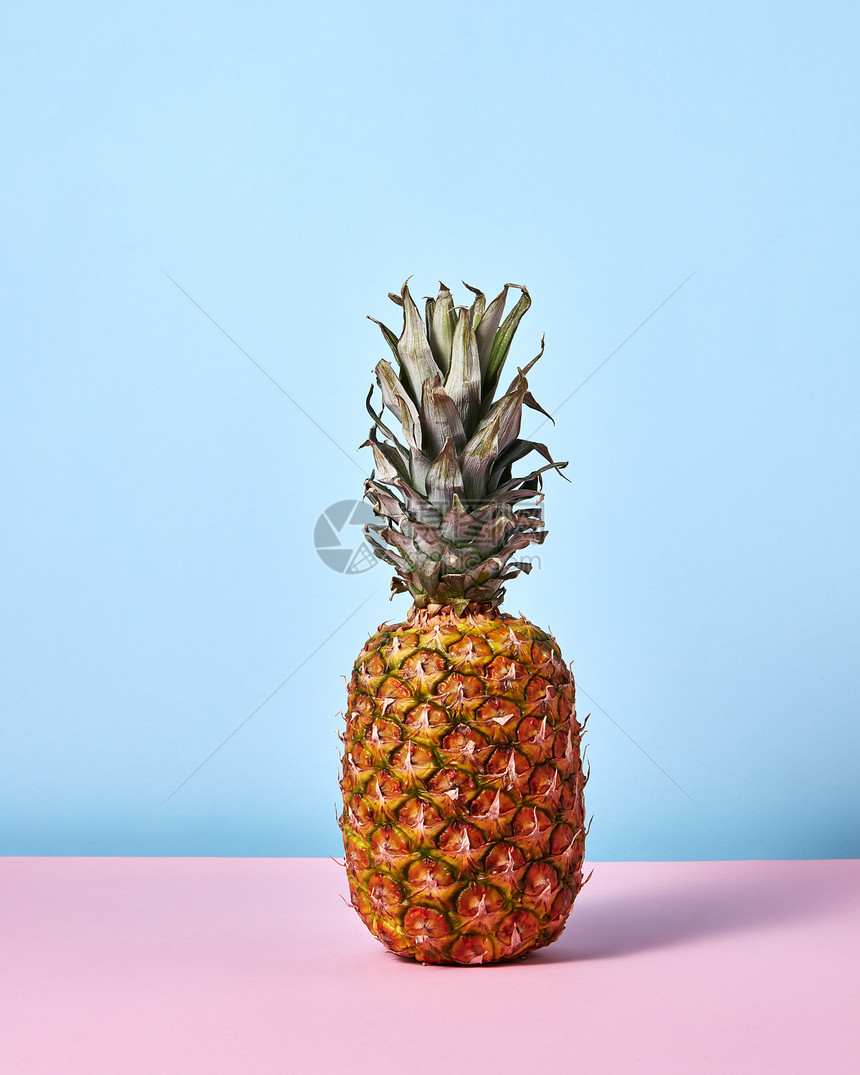 个完整的菠萝呈现个蓝色的粉红色背景与个的副本热带水果成熟菠萝分离蓝色粉红色背景与图片