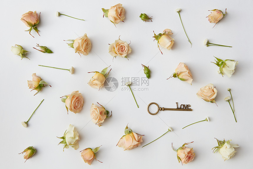 玫瑰花蕾古董钥匙的背景,情人节的,平躺玫瑰花蕾的背景图片