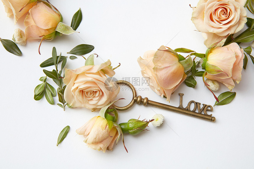 古董钥匙美丽的玫瑰花蕾白色的背景带玫瑰花瓣的钥匙图片