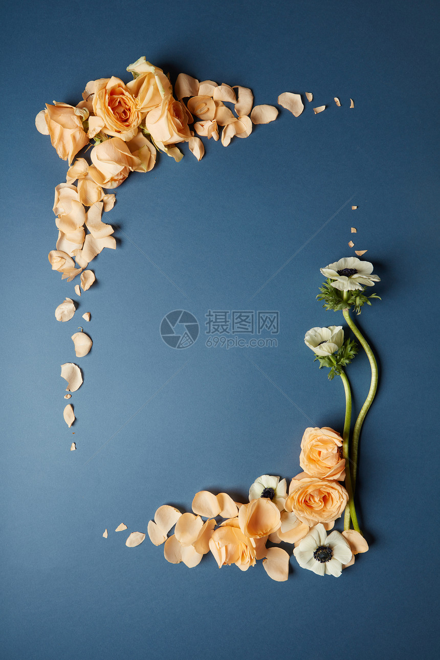 帧美丽的花个复古风格的蓝色背景浪漫的花框背景花框图片