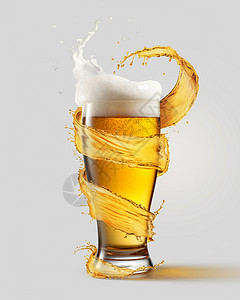 杯冷啤酒溅它周围的灰色背景上杯冷啤酒溅图片