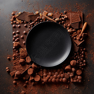 帧同的巧克力可可粉与黑色的盘子,为文本黑暗的背景帧带盘子的巧克力图片
