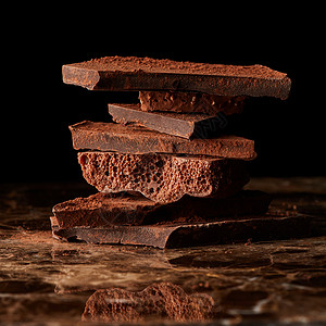 堆破碎的巧克力黑暗的大理石背景上堆碎块巧克力背景图片