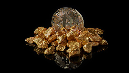 黄金比特币黄金块代表世界趋势,两者孤立黑色反射表背景数字黄金为贵金属比特币加密货币融资的比特币硬币加密货背景图片
