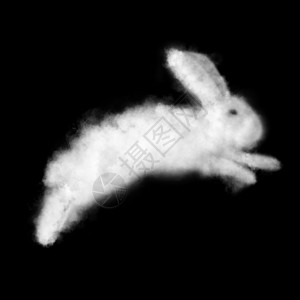 四月来了跳跃白色毛茸茸的兔子,由黑色背景上云制成复活节海报,明信片,网页为任何复活节兔子由黑色背景上的云制成背景