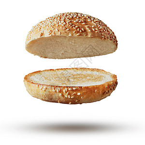 烤烤包汉堡顶部没填充飞行,悬浮白色汉堡包空孤立背景图片