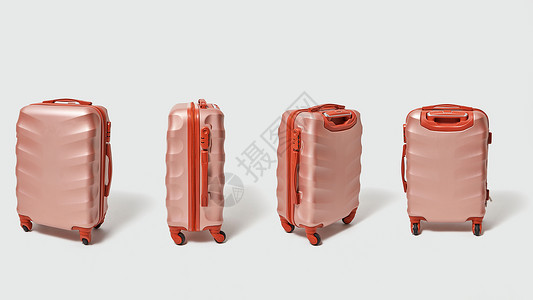 行李箱提出了棕色现代时尚行李箱的旅行呈现灰色背景与旅游收集棕色手提箱,用于灰色背景下旅行,并创造的布背景