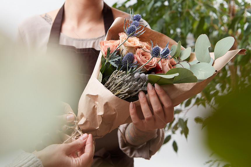 新鲜芳香的玫瑰,张绿色叶子背景的纸上活着珊瑚色母亲节的特写玫瑰花个女人的手个模糊的绿叶背景图片