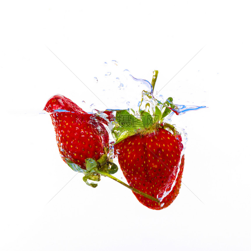 新鲜草莓掉进水里,溅白色的背上新鲜草莓掉进水里,溅白色的背景上新鲜草莓掉进水里,溅白色的背景上图片