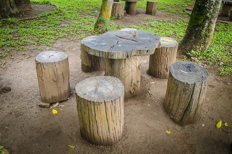 公园里的树桩座位,用木头的花园家具图片