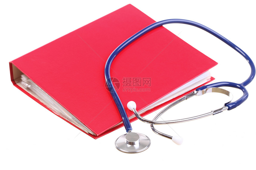 蓝色听诊器保健,仪器,隔离白色,红色文件文件夹,活页夹图片