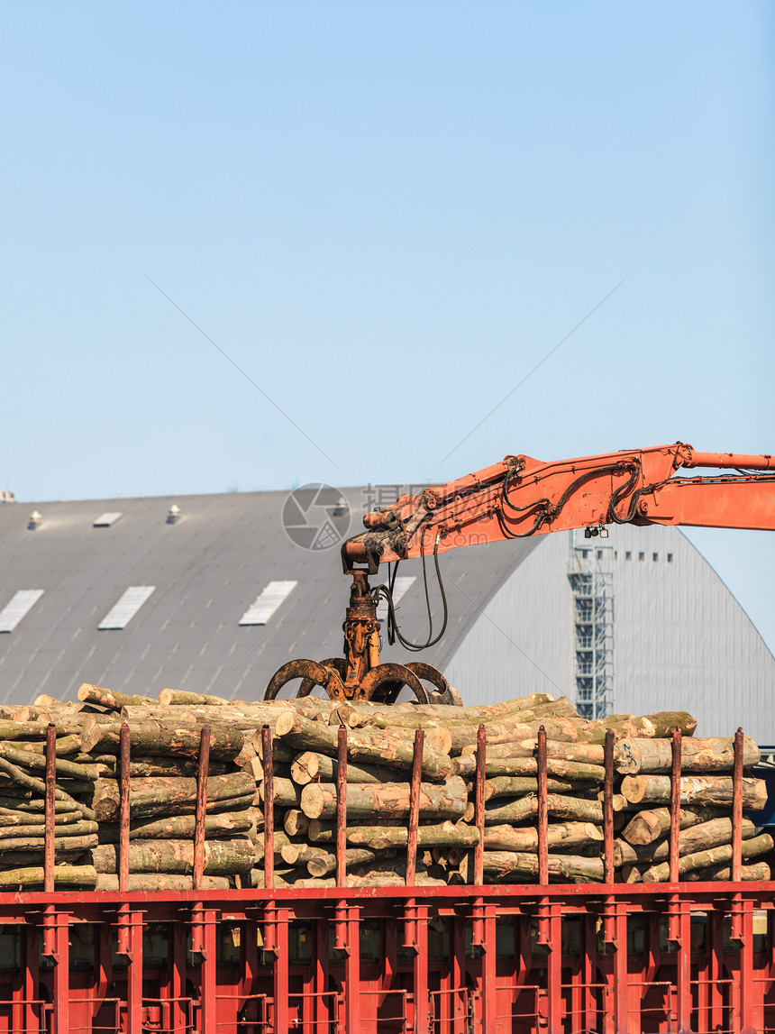 港口的堆原木准备装船工业图片