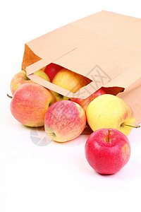 购物棕色回收礼品袋红色苹果隔离白色背景图片