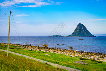 维斯特拉霍恩海景,海岸与沙滩岛屿布莱索亚远处,度假胜地布莱克诺威岛维斯特拉伦群岛海滨沙滩度假胜地布莱克诺威岛背景