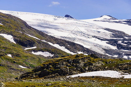 果冻雪丽糍夏季的山地景观,雪峰冰川旅游景区路线55索涅夫杰莱的洛姆高朋,挪威山与冰冰川诺威索格尼菲莱路背景