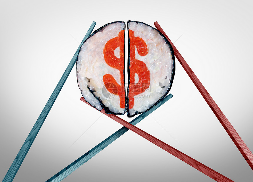 吃出成本餐饮费用,因为筷子走,夫妇,寿司形状为美元标志符号服务业图标与3D插图元素图片